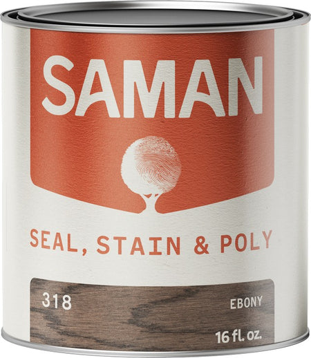 Can of Saman seal, stain, and poly in Ebony color with red label and silver lid.