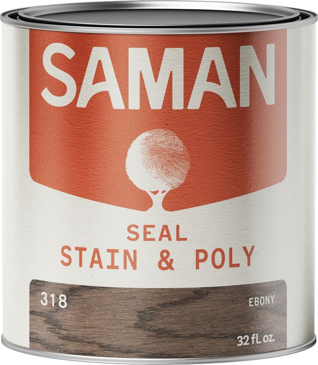 Can of Saman Seal, Stain & Poly in Ebony color on a white background