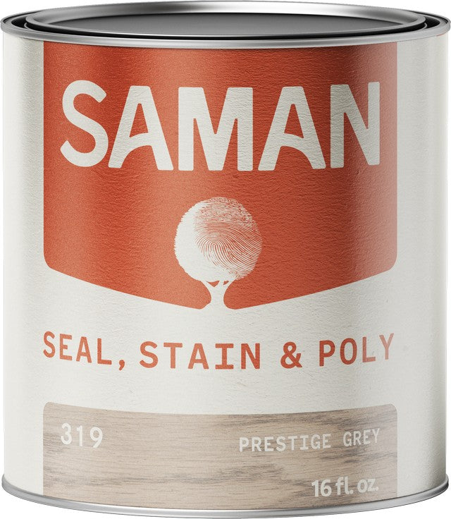 Can of Saman seal, stain, and poly product in prestige grey on a white background