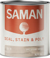 Can of Saman seal, stain, and poly product in prestige grey on a white background