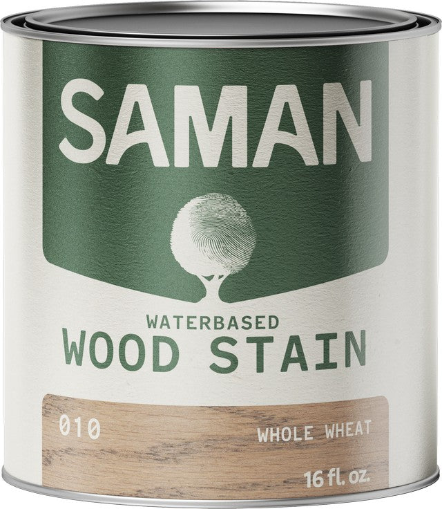 Can of Saman water-based wood stain with green and white label and whole wheat wooden color swatch
