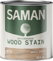 Can of Saman water-based wood stain with green and white label and whole wheat wooden color swatch