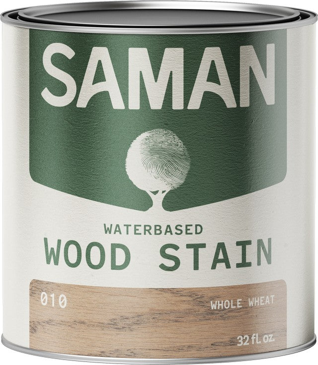 Can of Saman water-based wood stain with whole wheat color swatch and white label