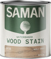 Can of Saman water-based wood stain with whole wheat color swatch and white label