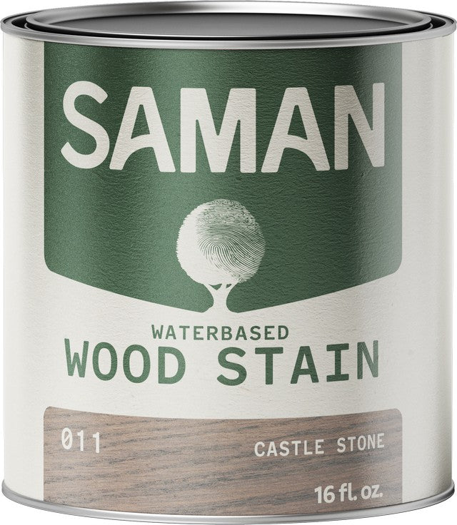 Can of Saman water-based wood stain with Castle Stone color swatch on a white background