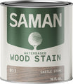 Can of Saman water-based wood stain with Castle Stone color swatch on a white background