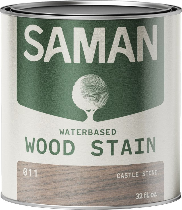 Can of Saman water-based wood stain with castle stone color swatch on a white background