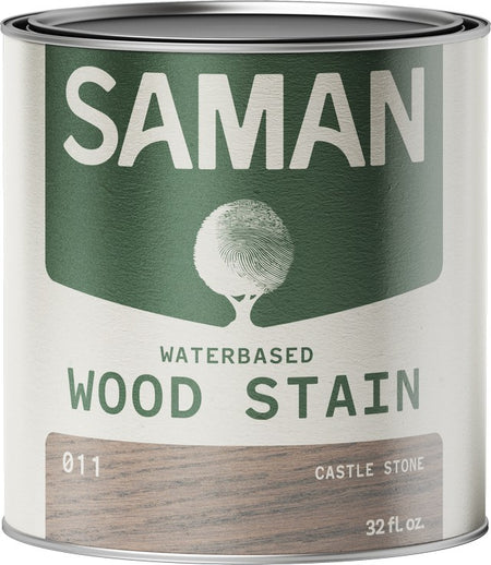 Can of Saman water-based wood stain with castle stone color swatch on a white background