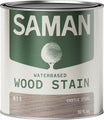 Can of Saman water-based wood stain with castle stone color swatch on a white background
