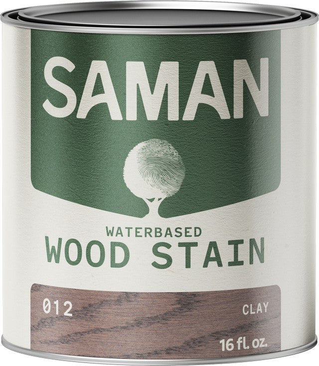 Can of Saman water-based wood stain with green label and clay color wooden finish swatch.