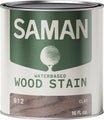 Can of Saman water-based wood stain with green label and clay color wooden finish swatch.