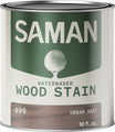 Can of Saman water-based wood stain with label and urban grey color swatch.