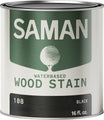 Can of Saman water-based wood stain with a black wood color swatch