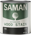 Can of Saman water-based wood stain in black color on a white background
