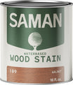 Can of Saman water-based wood stain with label and walnut color wooden swatch