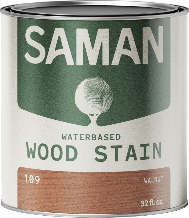 Can of Saman water-based wood stain with a green label and walnut color swatch.