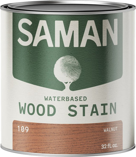 Can of Saman water-based wood stain with a green label and walnut color swatch.
