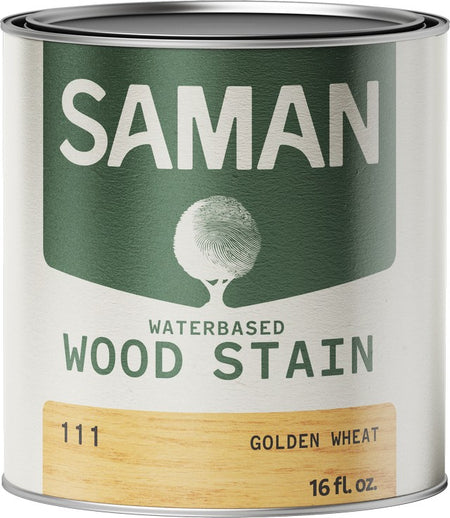 Can of Saman water-based wood stain with 'Golden Wheat' color option