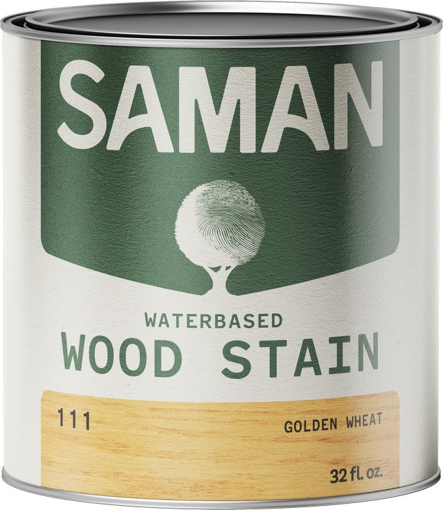 Can of Saman water-based wood stain with 'Golden Wheat' color swatch on a white background