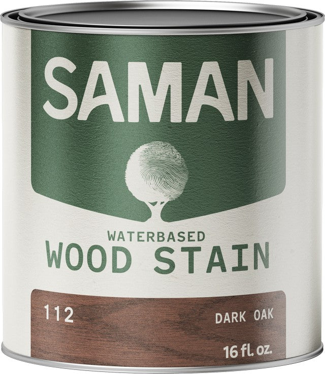 Can of Saman water-based wood stain with a green label and dark oak color swatch.