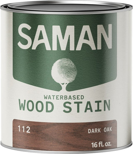 Can of Saman water-based wood stain with a green label and dark oak color swatch.