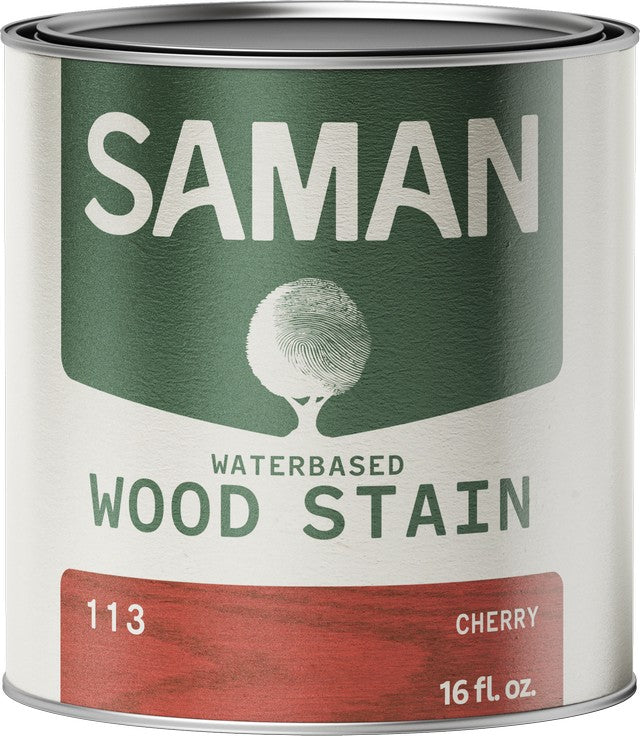 Can of Saman water-based wood stain with cherry color option