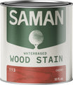 Can of Saman water-based wood stain with cherry color swatch on a white background