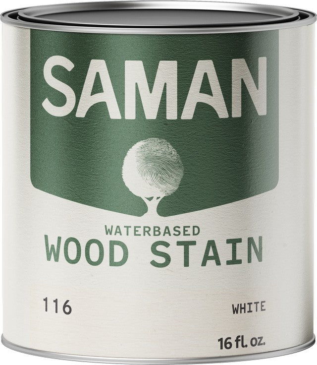 Can of Saman water-based wood stain with a green label and white color swatch