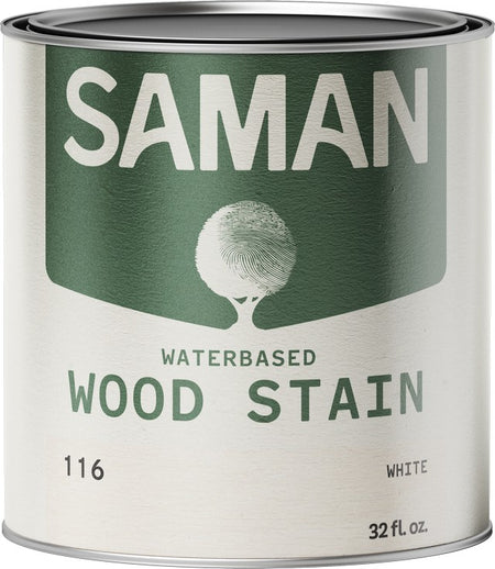Can of Saman water-based wood stain with a green label and white color swatch.