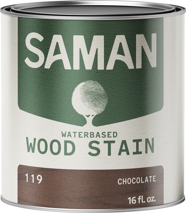 Can of Saman water-based wood stain with chocolate color swatch on a white background