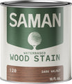 Can of Saman water-based wood stain in dark walnut color