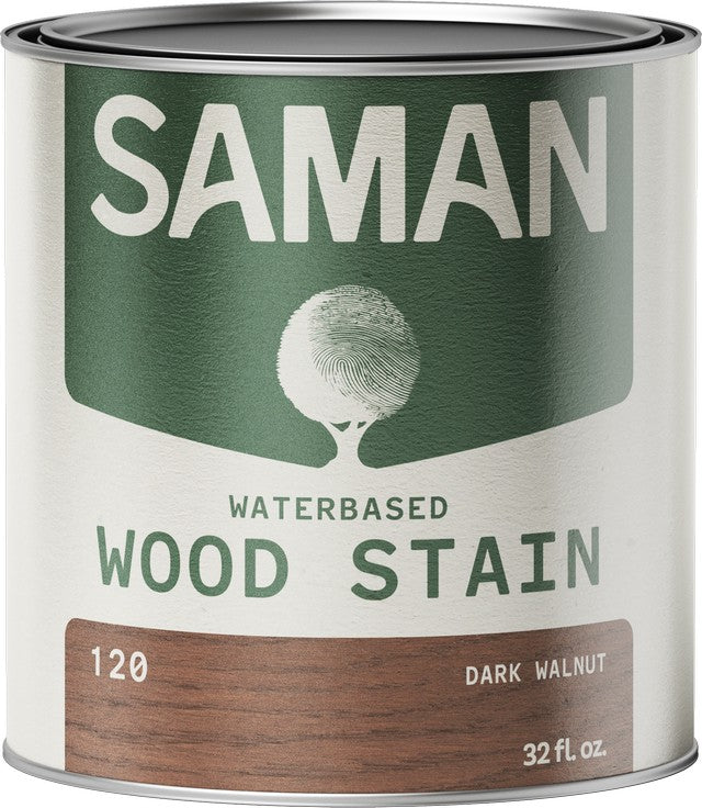 Can of Saman water-based wood stain in dark walnut color