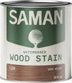 Can of Saman water-based wood stain in dark walnut color