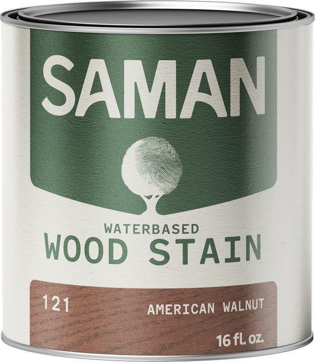 Can of Saman water-based wood stain with label and american walnut wood swatch.