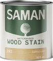 Can of Saman water-based wood stain with a green label and cappuccino wooden swatch.