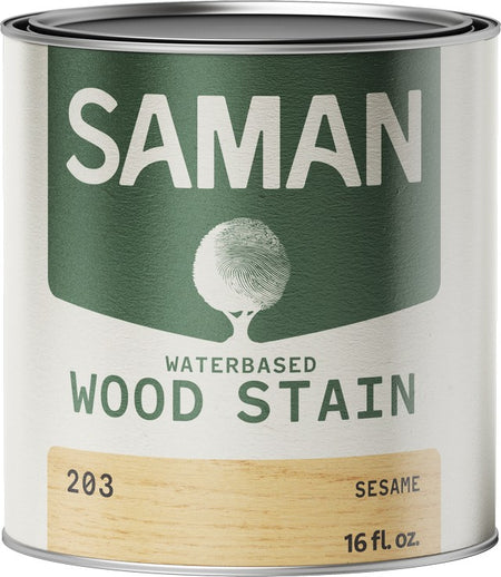Can of Saman water-based wood stain with sesame color swatch