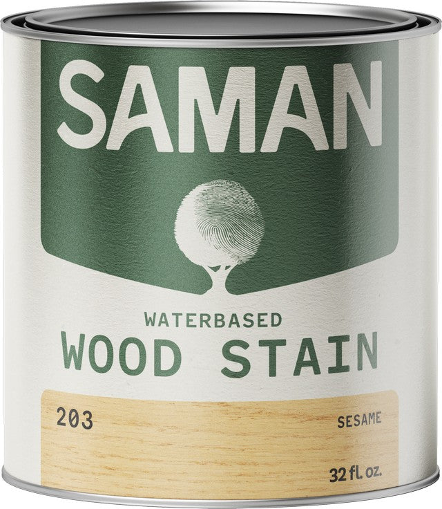 Can of Saman water-based wood stain with sesame color swatch on a white background