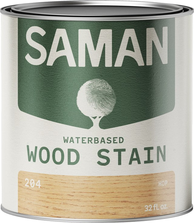 Can of Saman water-based wood stain with a hop color swatch and white label
