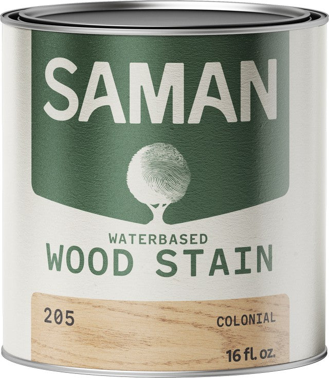 Can of Saman water-based wood stain with label and colonial color wood sample