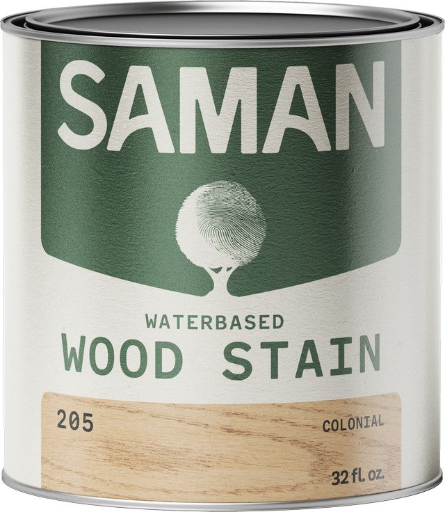 Can of Saman water-based wood stain in colonial color with green label and wooden swatch.