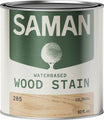 Can of Saman water-based wood stain in colonial color with green label and wooden swatch.