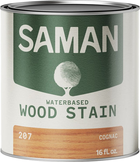 Can of Saman water-based wood stain with cognac color swatch on a white background