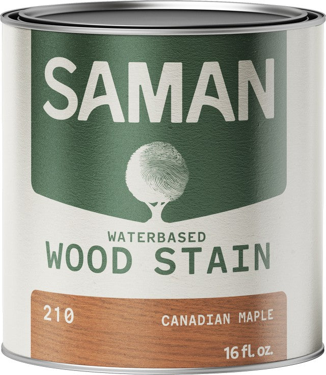 Can of Saman water-based wood stain with label and Canadian maple color swatch.
