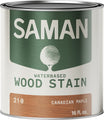 Can of Saman water-based wood stain with label and Canadian maple color swatch.