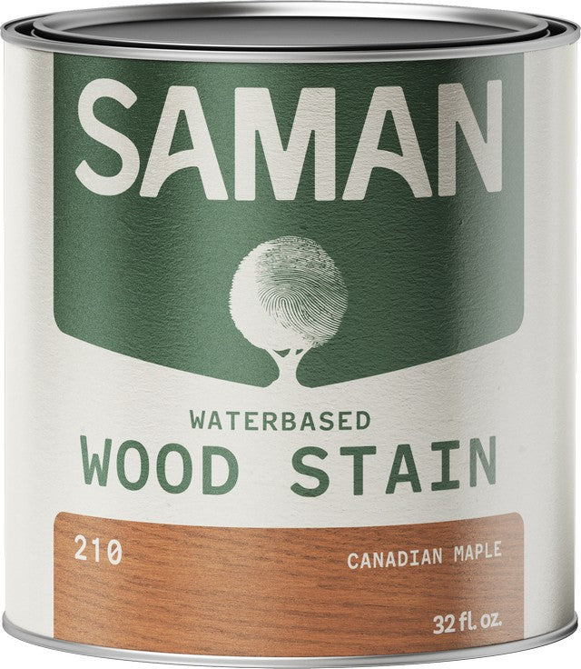 Can of Saman water-based wood stain in Canadian maple color with label and color swatch.