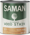 Can of Saman water-based wood stain with a green label and medium brown color wooden swatch.