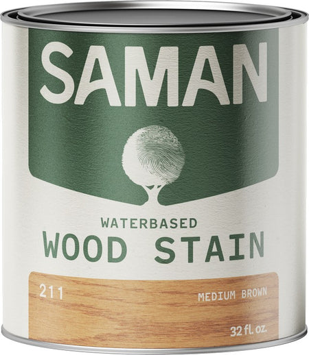 Can of Saman water-based wood stain with a green label and medium brown wooden swatch.