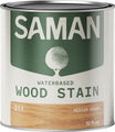 Can of Saman water-based wood stain with a green label and medium brown wooden swatch.
