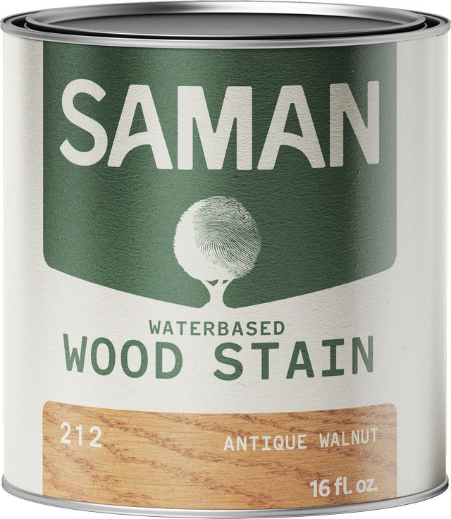 Can of Saman water-based wood stain with label and antique walnut wood swatch.
