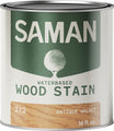 Can of Saman water-based wood stain with label and antique walnut wood swatch.